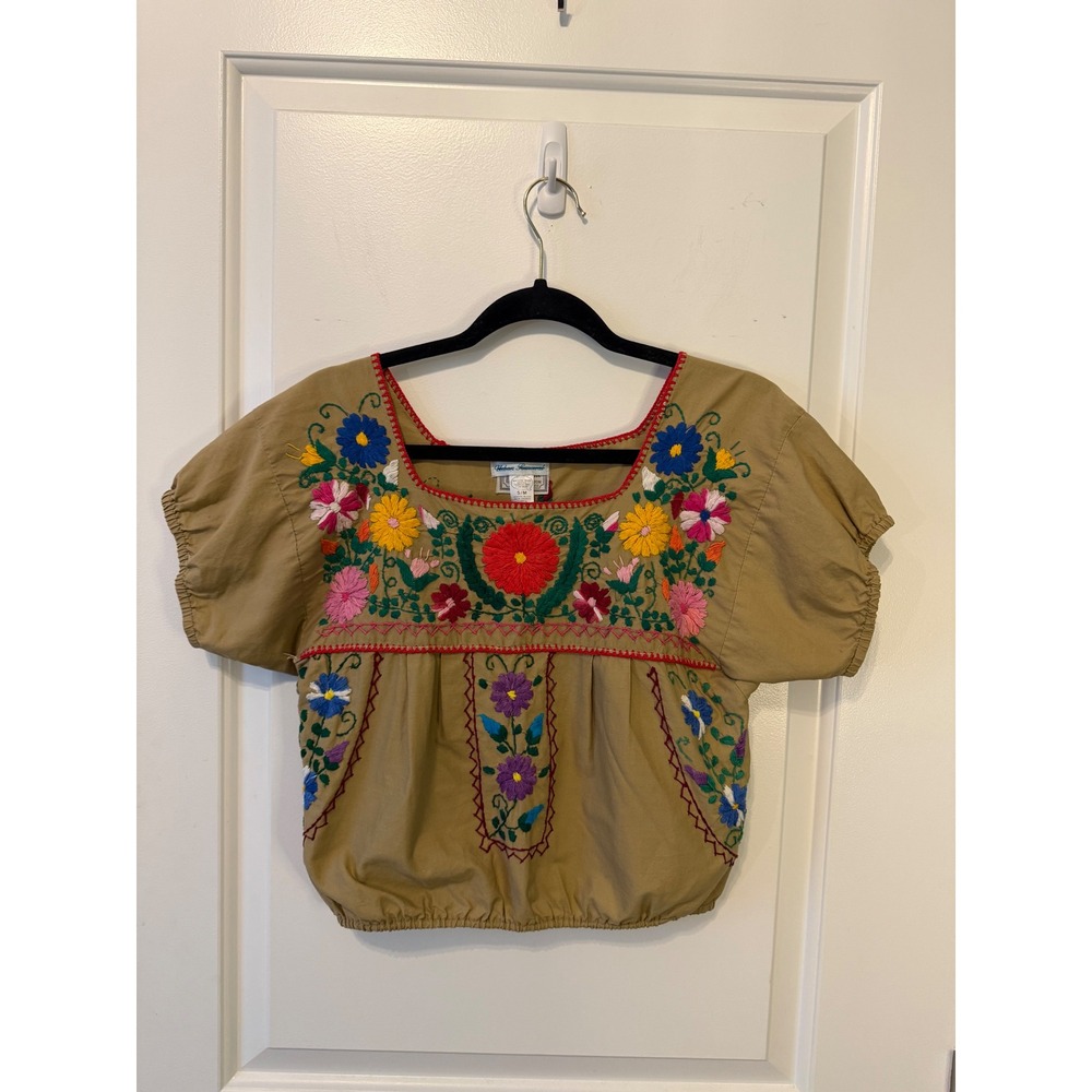 Urban Renewal Vtg Tan Floral Embroidered Boho Puff Sleeve Crop Top Milkmaid - Picture 2 of 7
